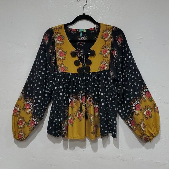 Farm Rio Intarsia Black Floral Pullover Boho Blouse - Picture 5 of 16